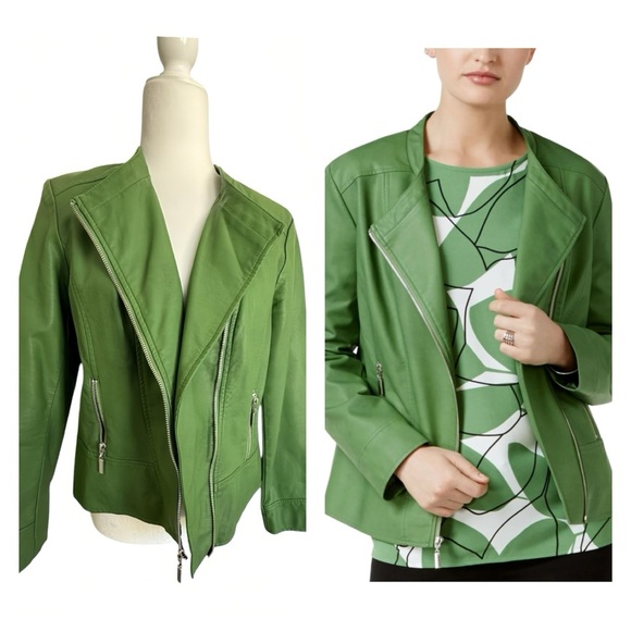 Alfani Petite M Faux Leather Moto Jacket Willow Bough Green asymmetrical Zip - Picture 1 of 8